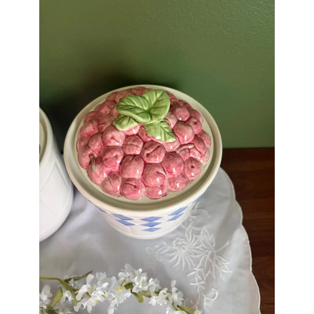Vintage‎ Treasure Craft Ceramic Fruit Canister Set Plums and Cherries